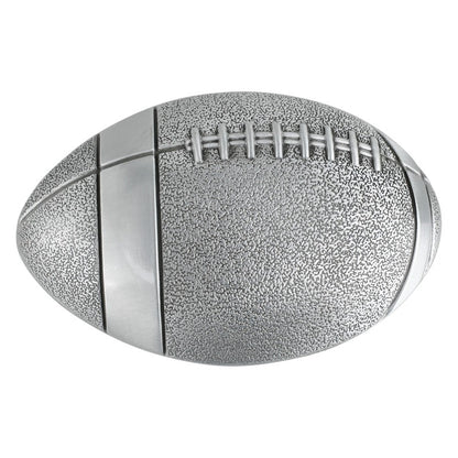 Silver American football-shaped belt buckle with engraved detailing for sports fans.