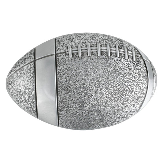 Silver American football-shaped belt buckle with engraved detailing for sports fans.