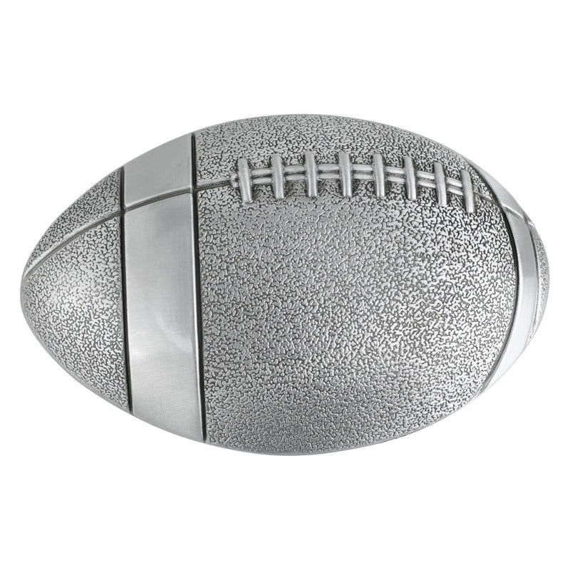 Silver American football-shaped belt buckle with engraved detailing for sports fans.