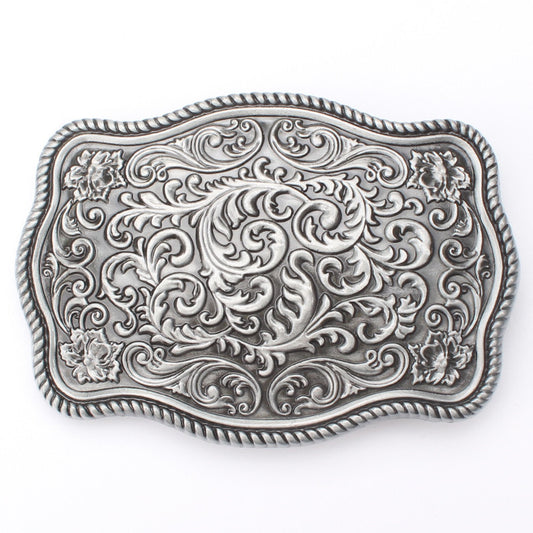 Silver arabesque belt buckle in Arabic geometric floral style.