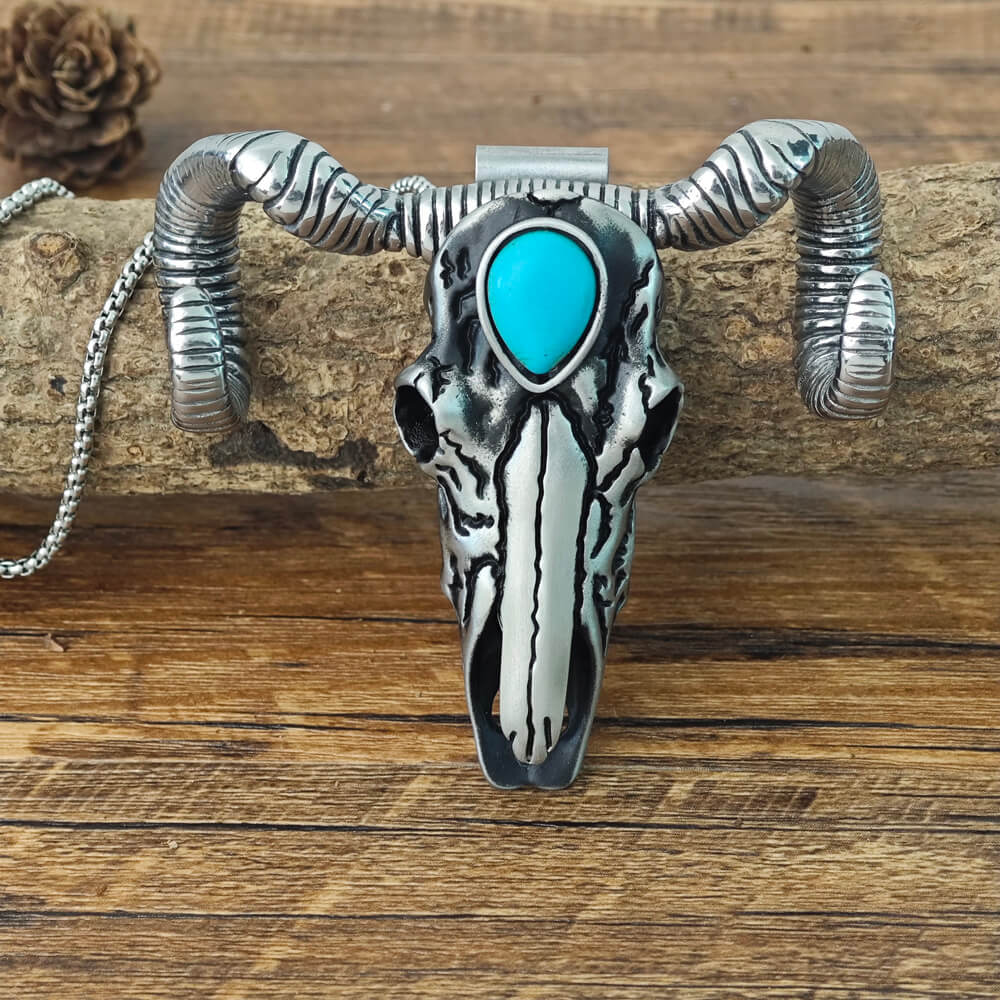 Men's Outdoor Style Tactical Skull Turquoise Pendant Necklace