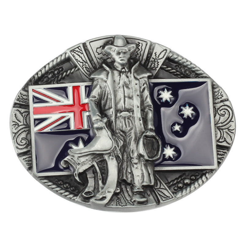 Cowboy belt buckle featuring Australian flag design, perfect for western fashion and patriotic style.