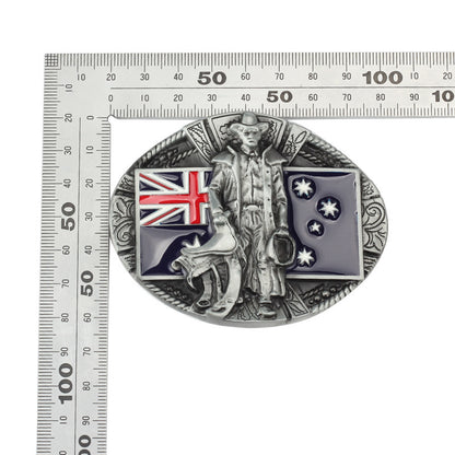 Australian flag cowboy belt buckle shown with ruler for size reference, fits standard belts.
