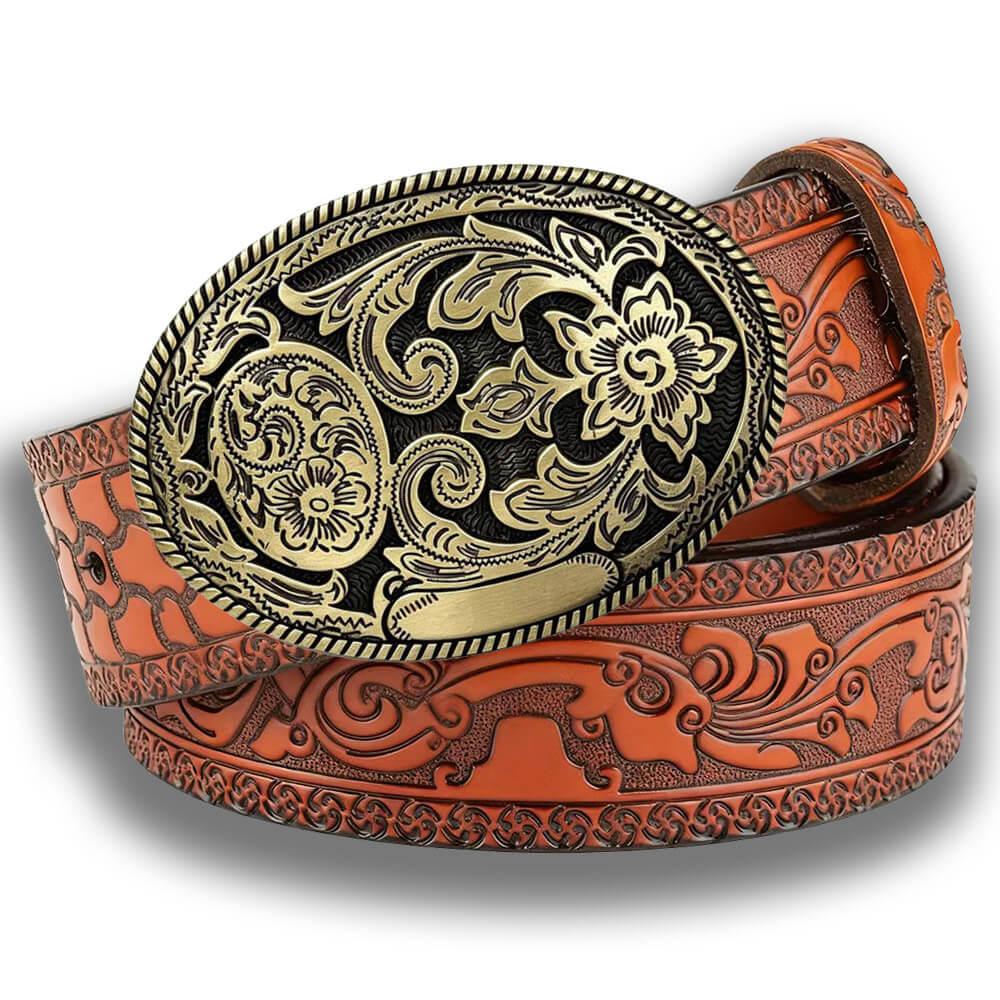 Vintage Floral Engraved Western Embossed Leather Belt