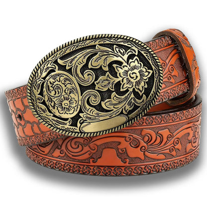 Vintage Floral Engraved Western Embossed Leather Belt
