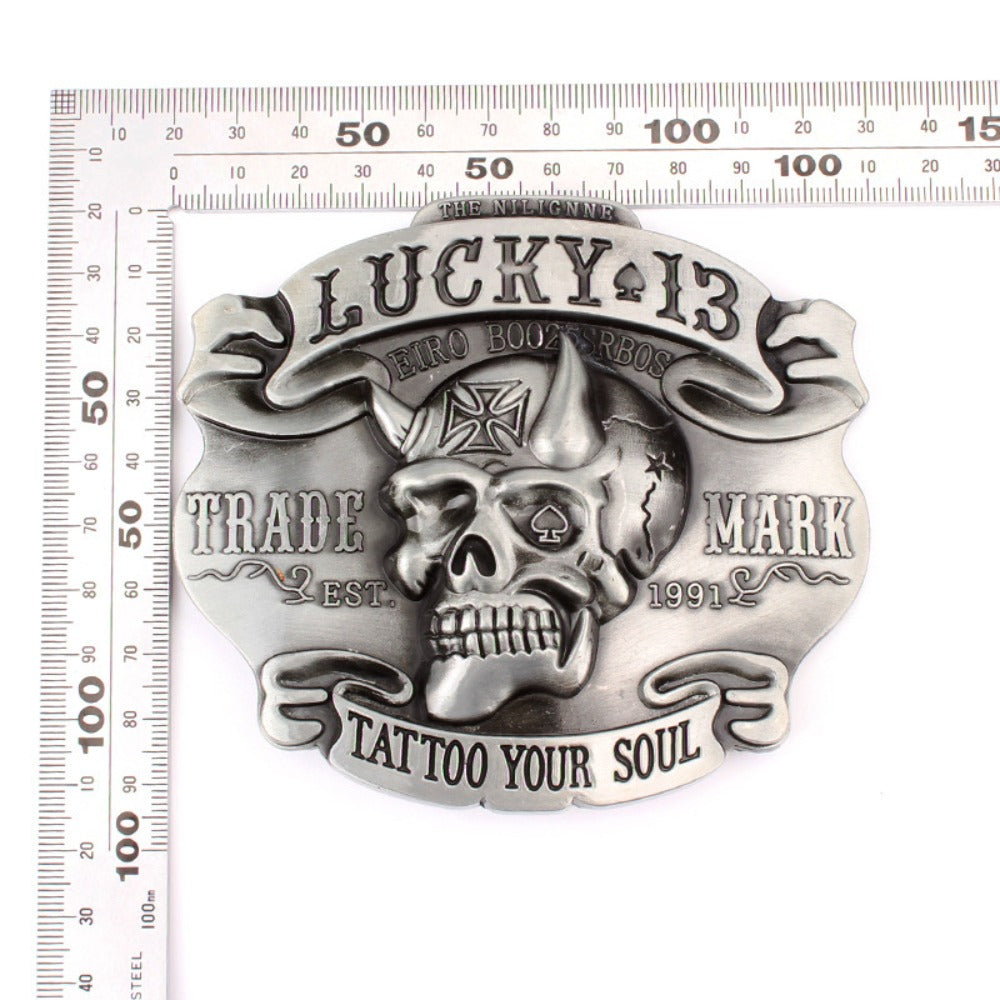 Antique Silver Lucky 13 Devil Skull Belt Buckle with Iron Cross
