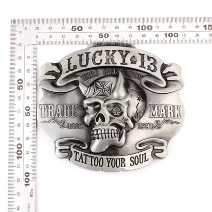 Antique Silver Lucky 13 Devil Skull Belt Buckle with Iron Cross