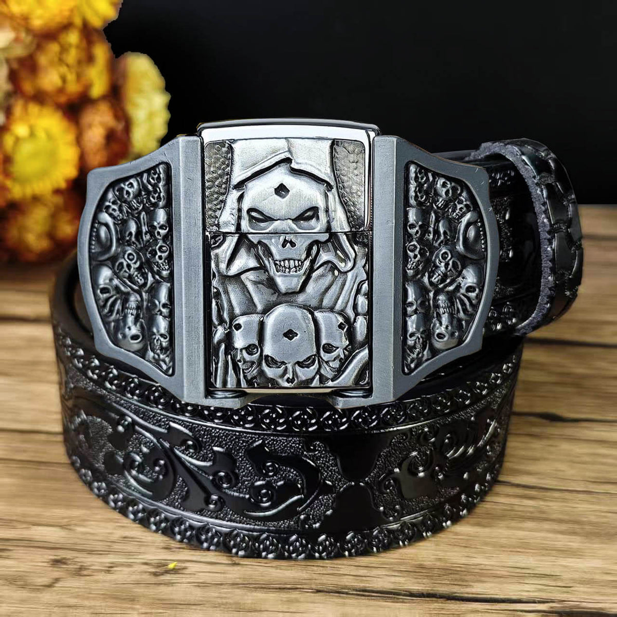 Western Embossed Leather Belt & Lighter Buckle