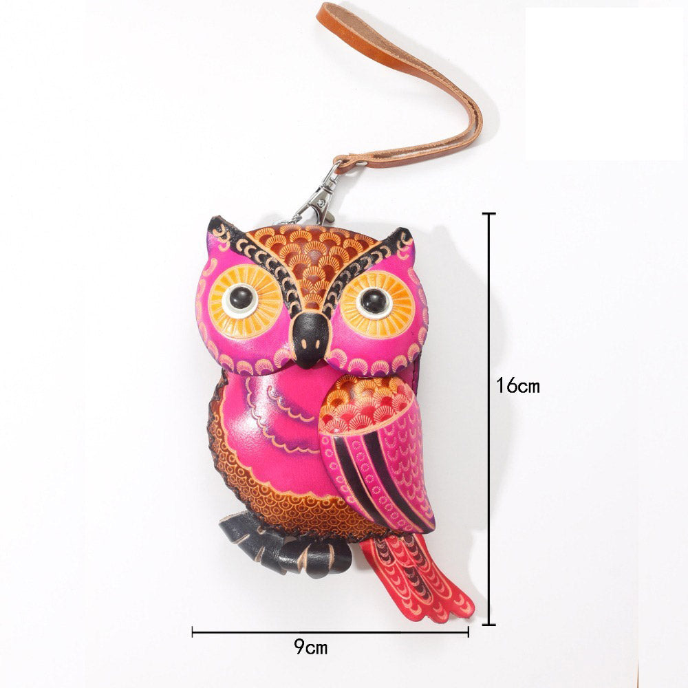 Handmade Leather Vibrant Magenta 3D Owl Coin Purse & Wristlet Pouch