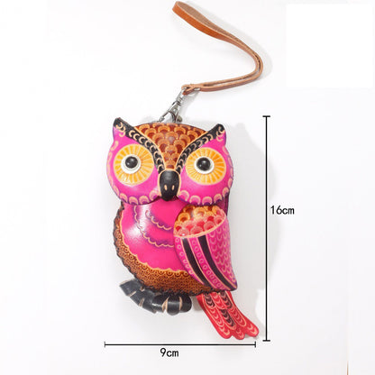 Handmade Leather Vibrant Magenta 3D Owl Coin Purse & Wristlet Pouch