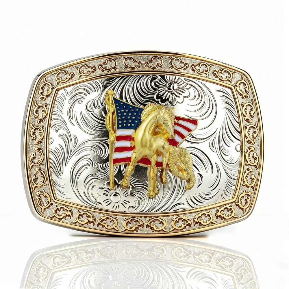 Two-Tone Golden Horse Western Floral Belt Buckle