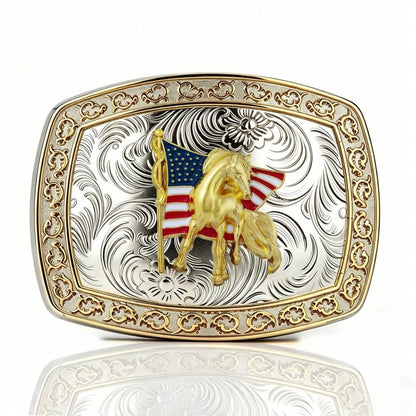Two-Tone Golden Horse Western Floral Belt Buckle