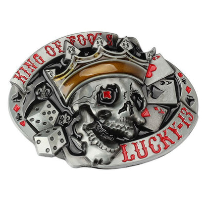 Antique Silver Lucky 13 Devil Skull Belt Buckle with Iron Cross