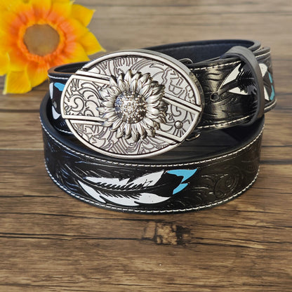 Feather Embossed Black Leather Belt