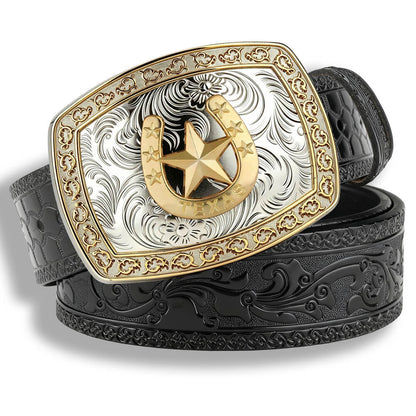 Two-Tone Galloping Horse Western Leather Belt