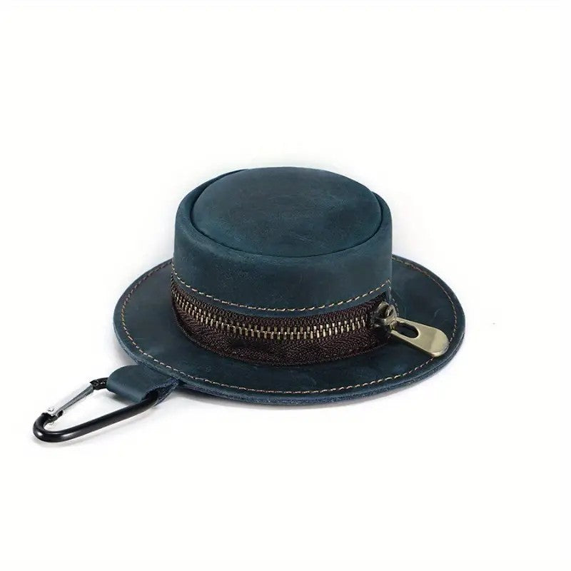 A blue leather cowboy hat-shaped coin pouch for belt, perfect for western-style outfits.