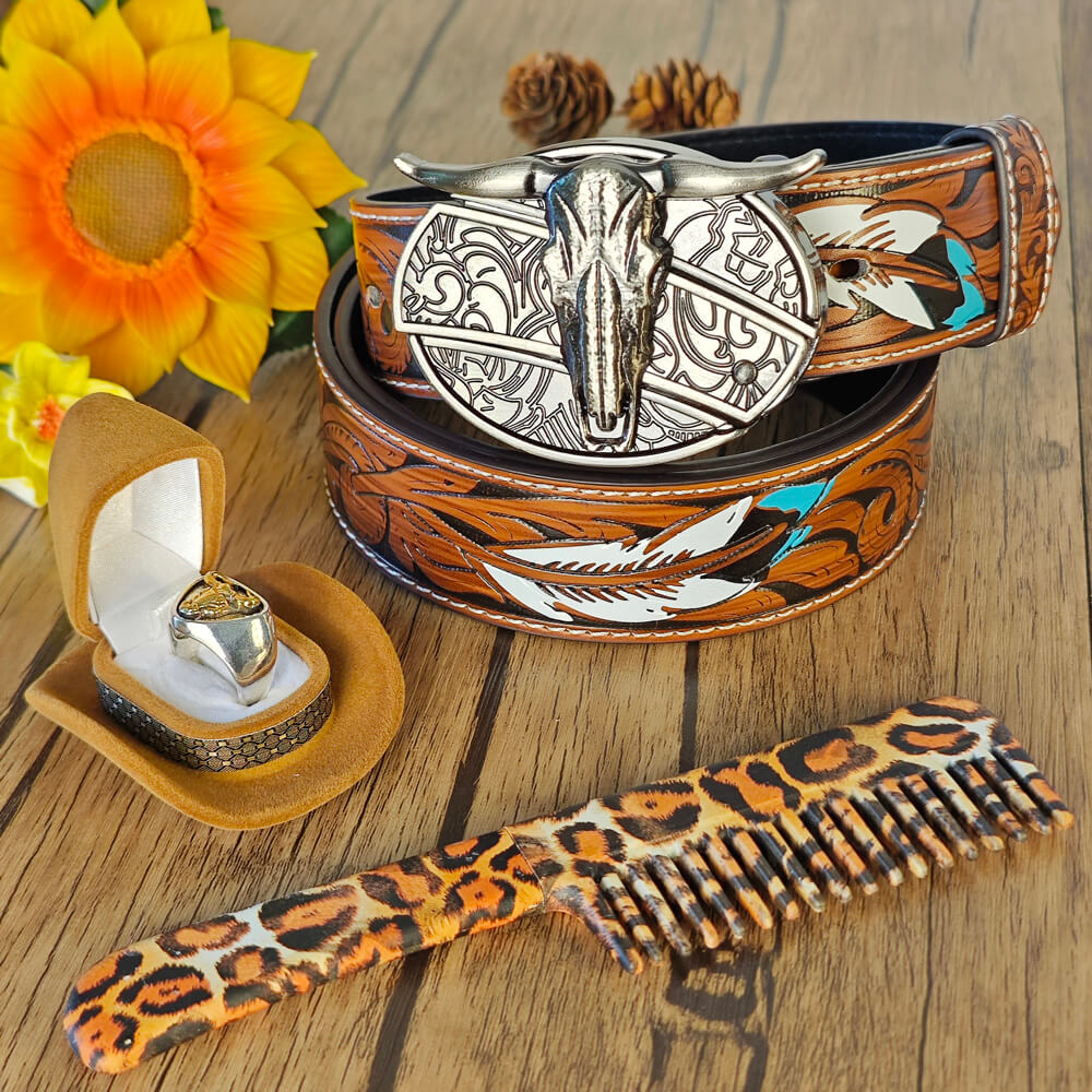 "Western set with embossed belt, bull head buckle with hidden tool, self-defense comb, and bull head ring"