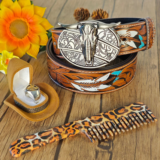 "Western set with embossed belt, bull head buckle with hidden tool, self-defense comb, and bull head ring"