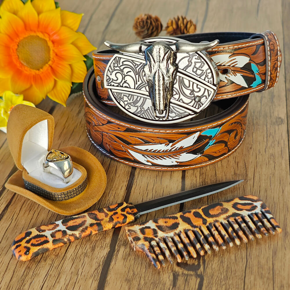 "Western set with embossed belt, bull head buckle with hidden tool, self-defense comb, and bull head ring"
