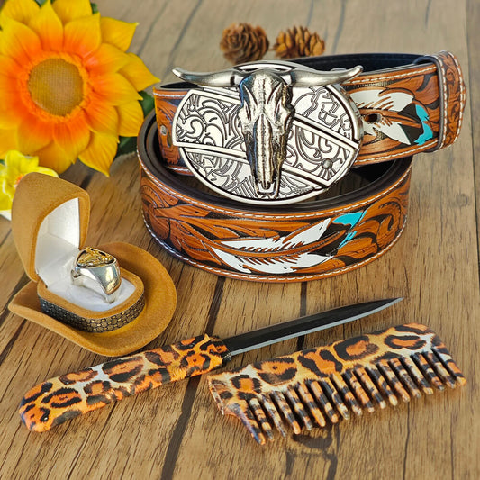 "Western set with embossed belt, bull head buckle with hidden tool, self-defense comb, and bull head ring"