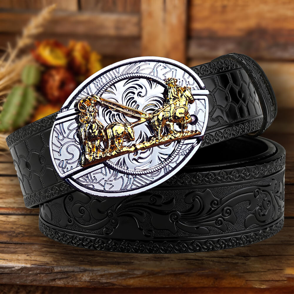 Western Embossed Leather Belt with Two-Tone Utility Buckle