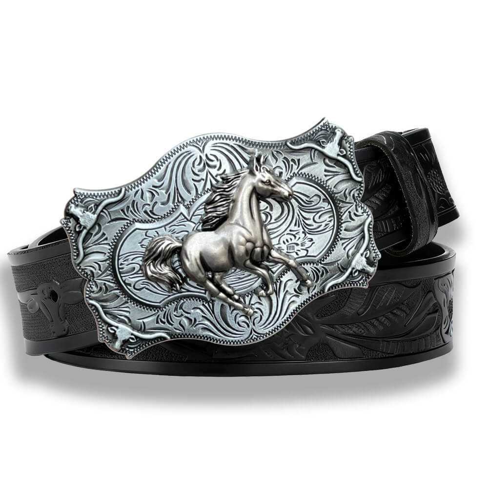 Galloping Horse Western Bull Embossed Leather Belt