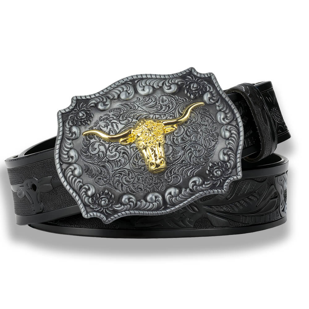 Vintage Gold Texas Longhorn Western Brown Embossed Leather Belt