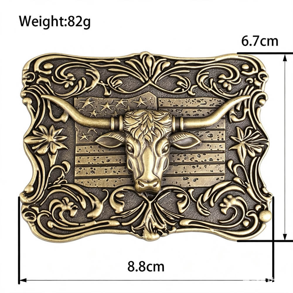 Vintage Bronze Texas Longhorn American Flag Belt Buckle