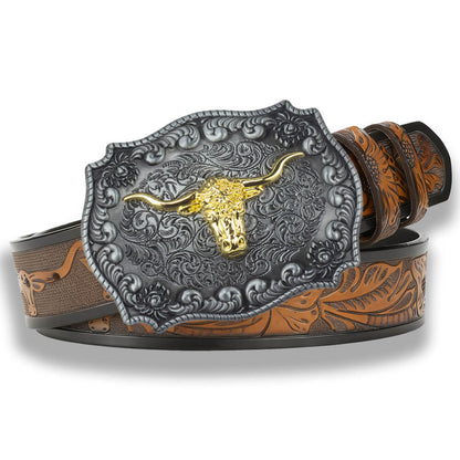 Vintage Gold Texas Longhorn Western Brown Embossed Leather Belt