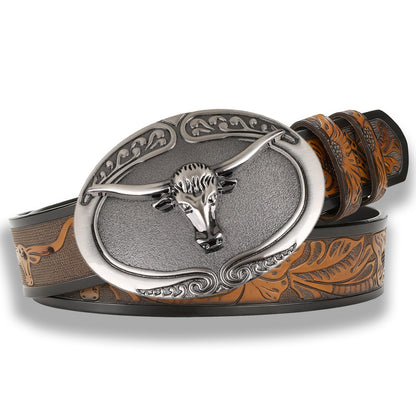 Vintage Silver Texas Longhorn Bull Embossed Leather Belt