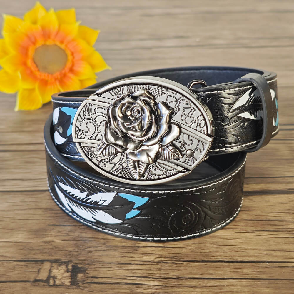 Feather Embossed Black Leather Belt