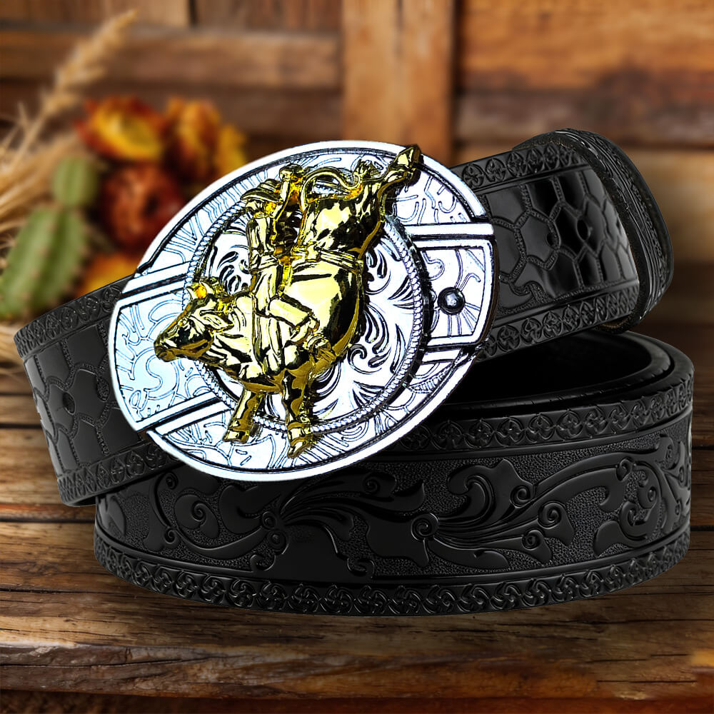 Western Embossed Leather Belt with Two-Tone Utility Buckle