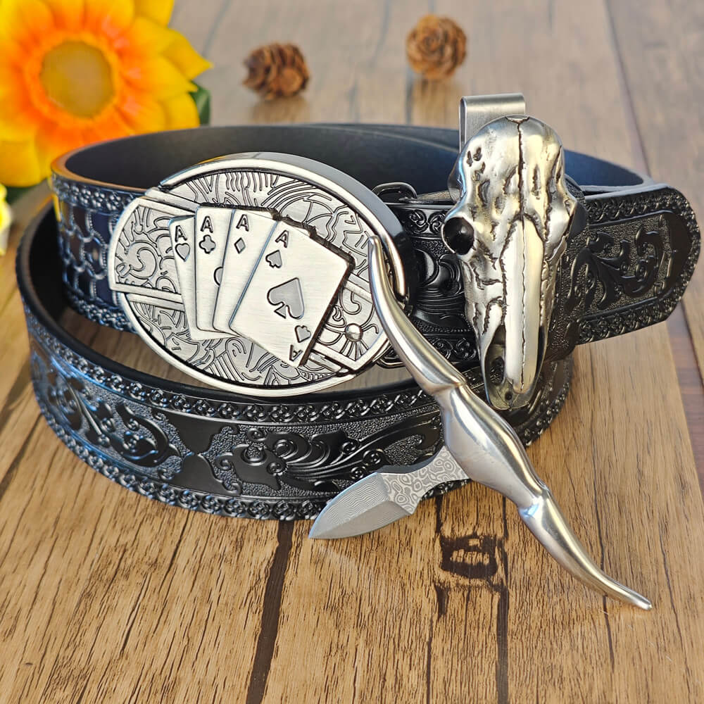 Cowboy outfit with black embossed belt, poker buckle with hidden tool, and bull skull necklace