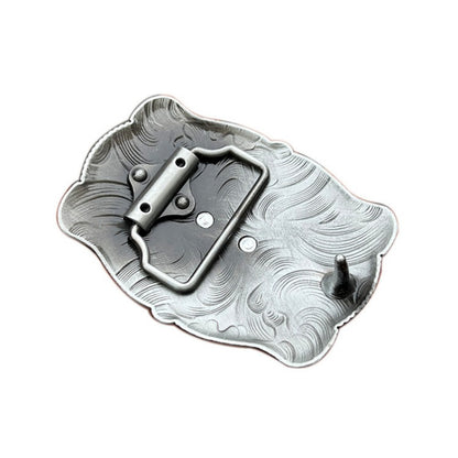 Back view of cowboy boots western belt buckle showing metal clasp and attachment loop.