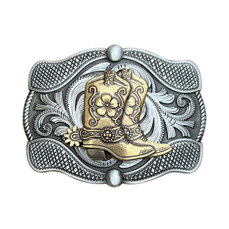 Western-style belt buckle featuring a detailed cowboy boots design for men’s western fashion.