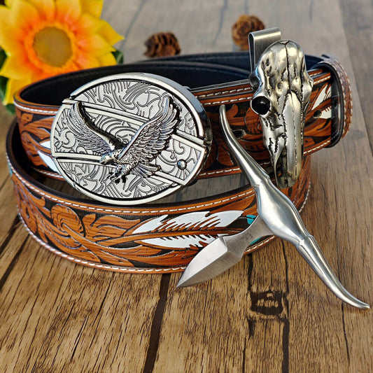 Feather Embossed Western Belt Set