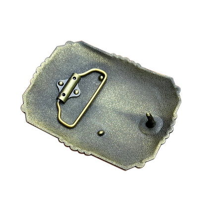 Back of cowboy prayer belt buckle showing belt loop and secure clasp for western wear.