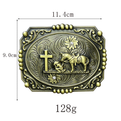Cowboy prayer belt buckle shown with size scale, compatible with standard western belts.