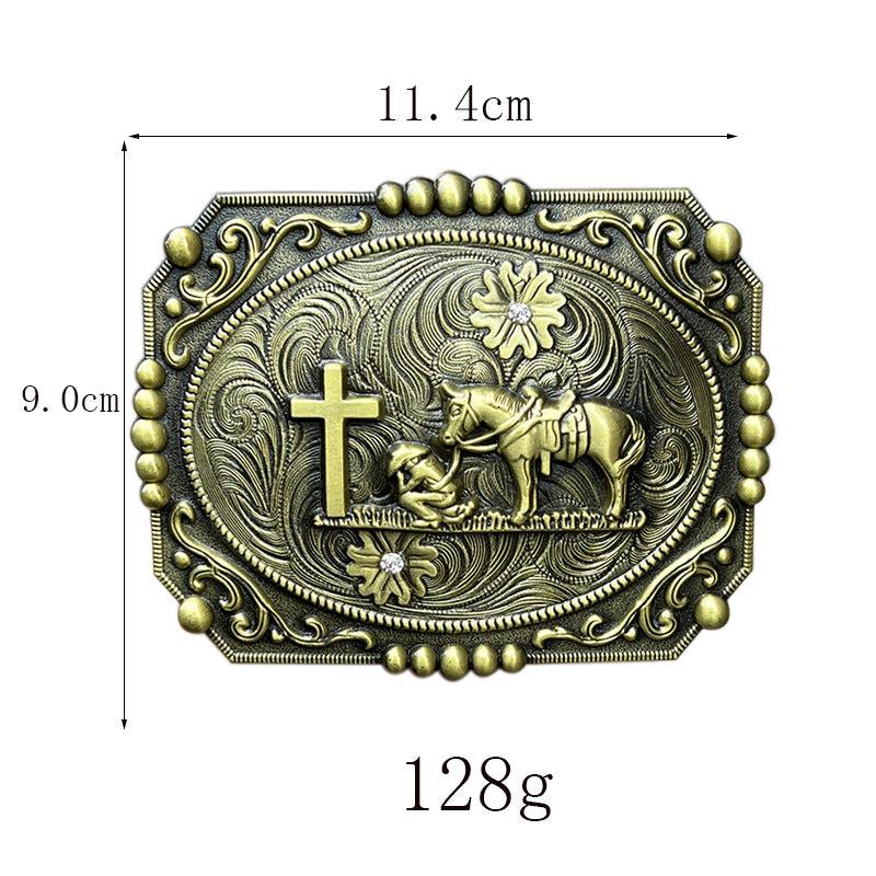Cowboy prayer belt buckle shown with size scale, compatible with standard western belts.