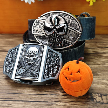 Gothic Ghost Face Belt with Concealed Utility Tool, Lighter Buckle & Pumpkin Box Ring Set