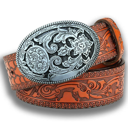 Vintage Floral Engraved Western Embossed Leather Belt