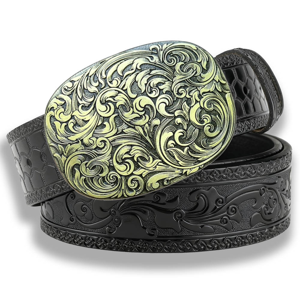 Vintage Floral Engraved Western Black Embossed Leather Belt