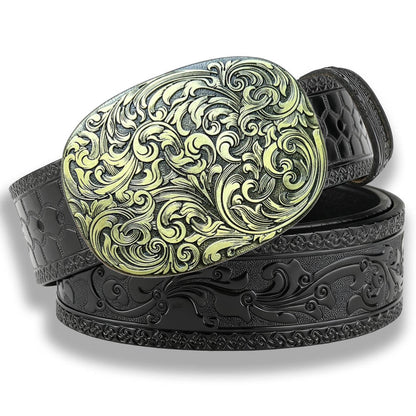Vintage Floral Engraved Western Black Embossed Leather Belt