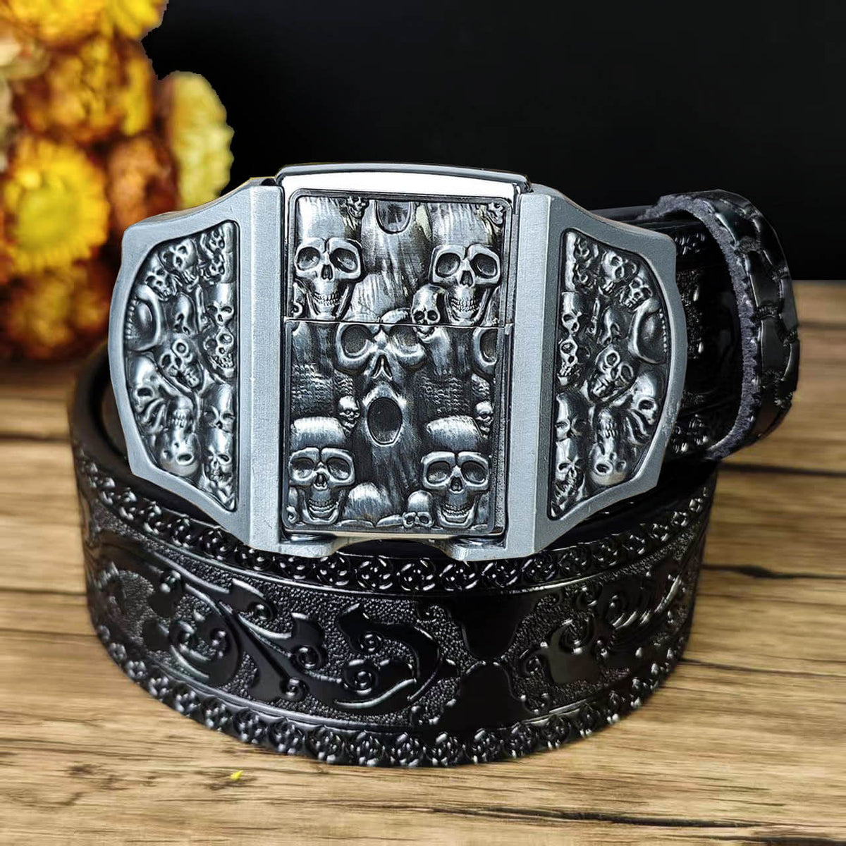 Western Embossed Leather Belt & Lighter Buckle
