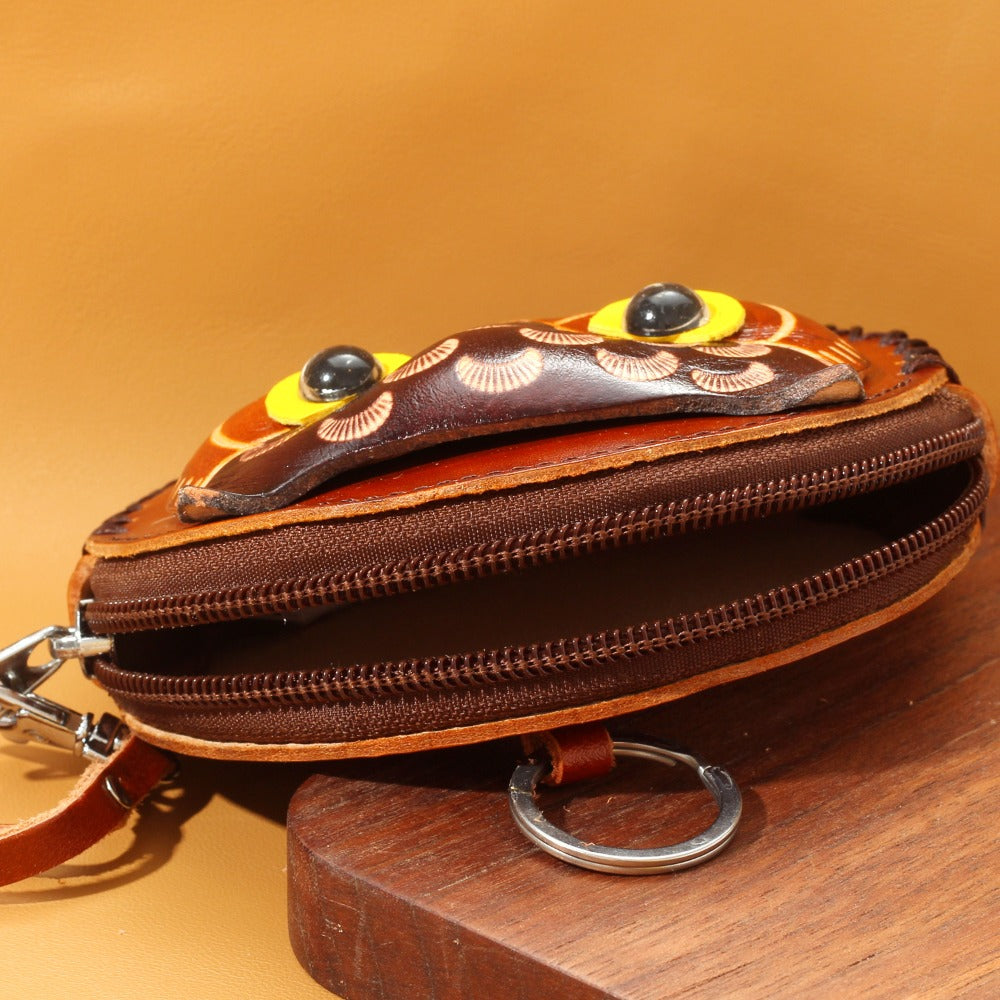 Handmade Genuine Leather Owl Coin Purse & Wristlet Pouch