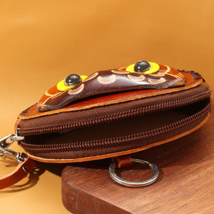 Handmade Genuine Leather Owl Coin Purse & Wristlet Pouch