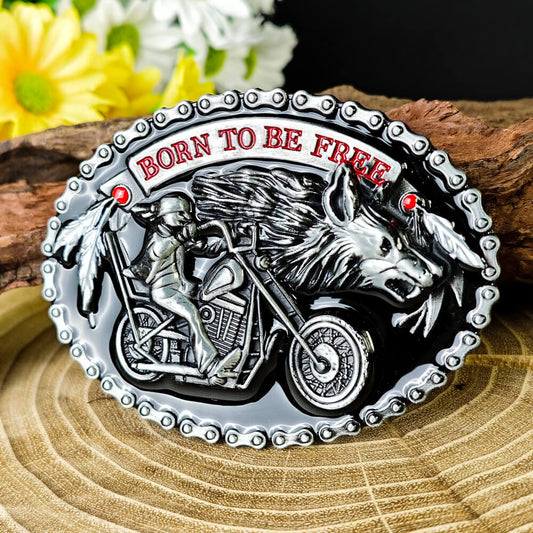 Wolf & Motorcycle Western Belt Buckle