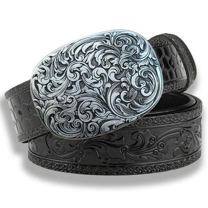 Vintage Floral Engraved Western Black Embossed Leather Belt