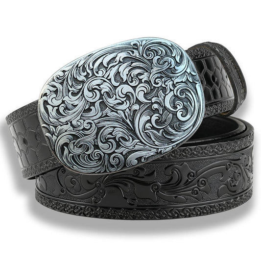 Vintage Floral Engraved Western Black Embossed Leather Belt