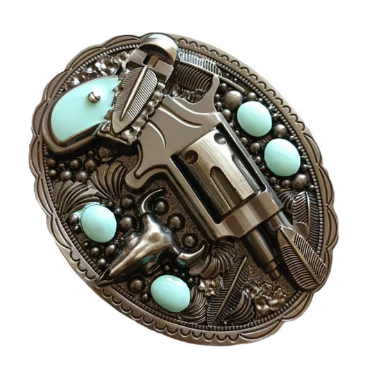 Cowboy Gun Belt Buckle – Turquoise Accents & Western Engraving